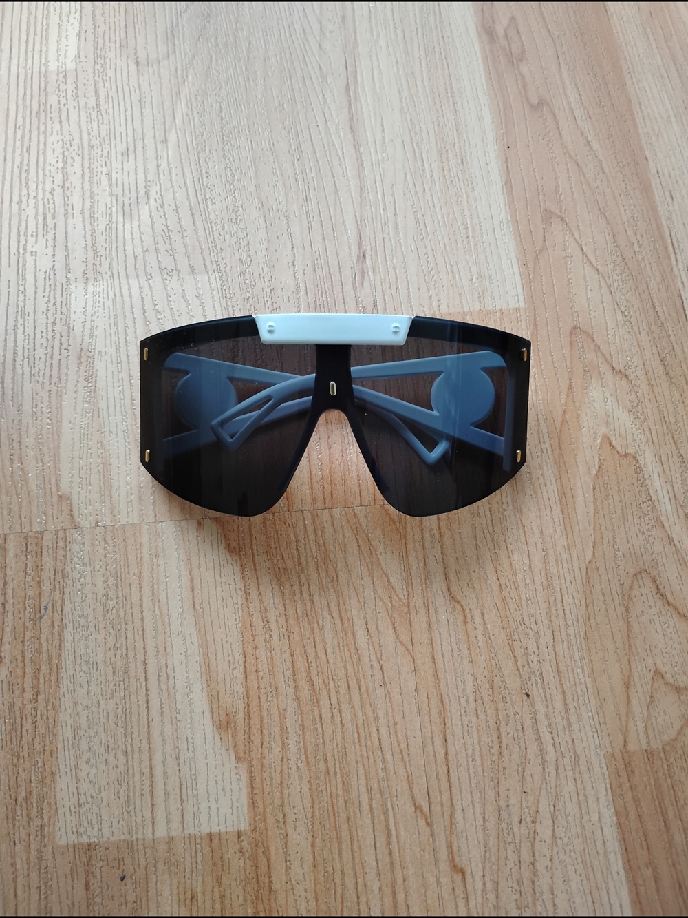 Oversized Unisex Black Shield Sunglasses with White Accent